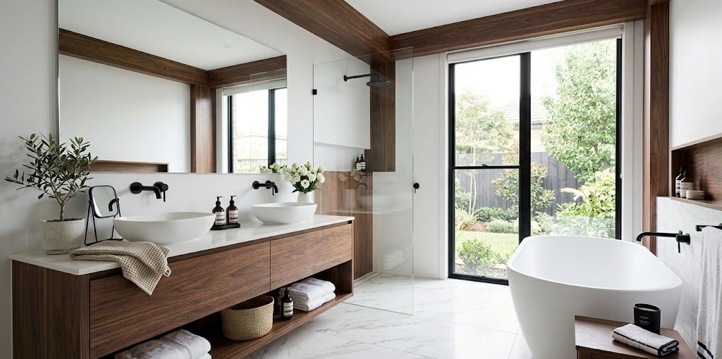 13 ideas de baños blancos, madera y negro que son tendencia