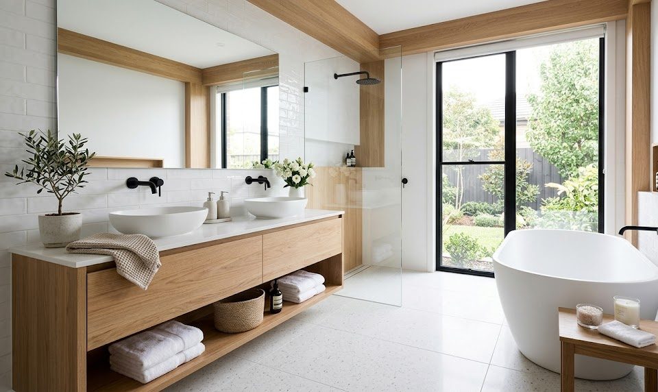 13 ideas de baños blancos, madera y negro que son tendencia