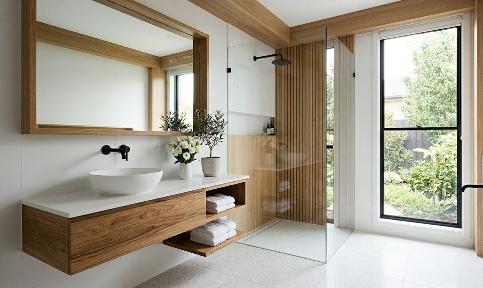 13 ideas de baños blancos, madera y negro que son tendencia