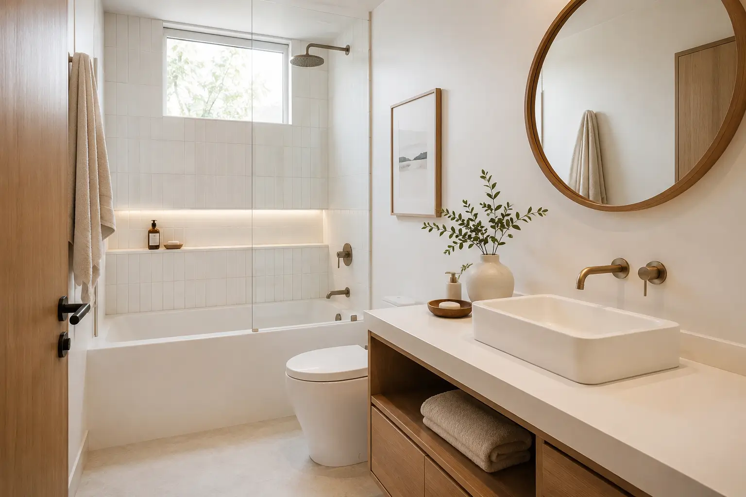 13 ideas de baños blancos, madera y negro que son tendencia