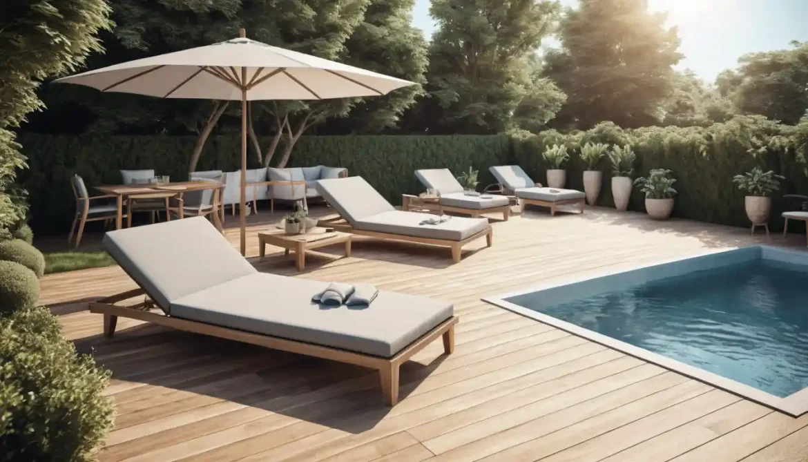 Decoración de piscina con una tumbona y un parasol en primer plano.