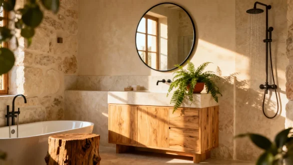 bañosrústicos Baño rústico con pared de piedra, mueble de madera natural y espejo redondo