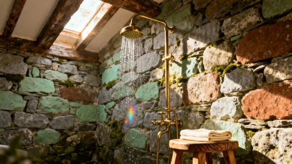 bañosrústicos10 Ducha rústica con pared de piedra natural, vigas de madera y grifería dorada