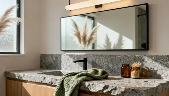 bañosrústicos11 Baño rústico con encimera de piedra gris, lavabo integrado y espejo rectangular con luz