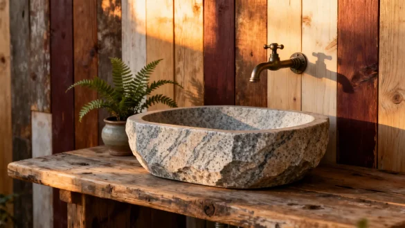bañosrústicos12 Baño rústico con lavabo de piedra sobre mesa de madera y pared de tablones envejecidos
