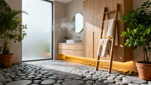 bañosrústicos13 Baño rústico moderno con suelo de piedra, muebles de madera clara y escalera decorativa