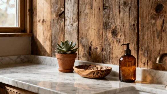 bañosrústicos14 Baño rústico con madera envejecida, encimera de mármol y detalles decorativos naturales