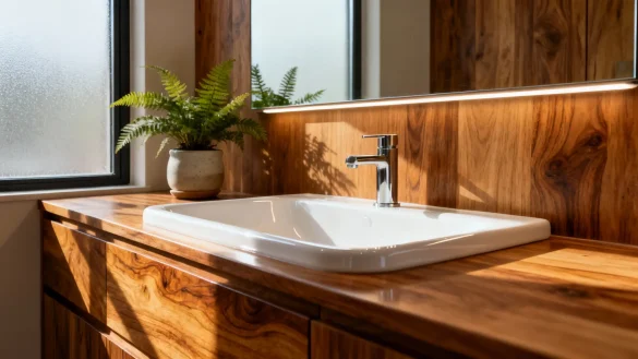 bañosrústicos15 Baño rústico con mueble de madera natural, lavabo blanco y luz cálida junto a ventana