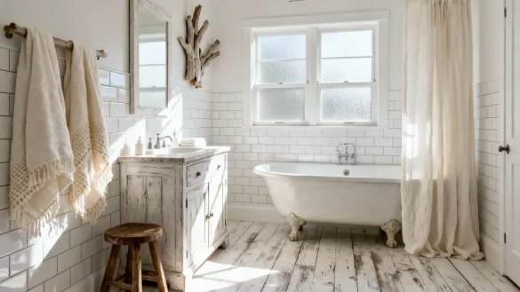 bañosrústicos16 Baño rústico blanco con bañera exenta, azulejos tipo metro y mueble vintage de madera