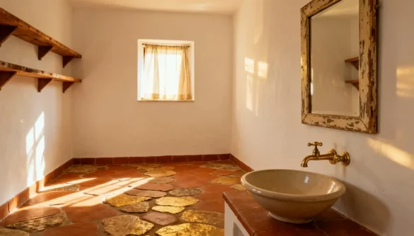 bañosrústicos17 Baño rústico blanco con suelo de barro, lavabo sobre mueble y espejo envejecido
