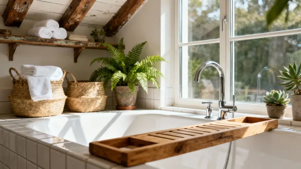 bañosrústicos18 Baño rústico blanco luminoso con bañera de obra, ventana grande y detalles de fibras naturales