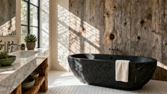 bañosrústicos2 Baño rústico moderno con bañera de piedra negra y pared de madera envejecida