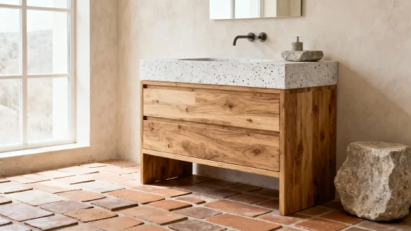 bañosrústicos20 Baño rústico con mueble de madera, lavabo de piedra y suelo de barro junto a ventana