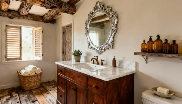 bañosrústicos21 Baño rústico elegante con mueble de madera, encimera de mármol y espejo ornamental