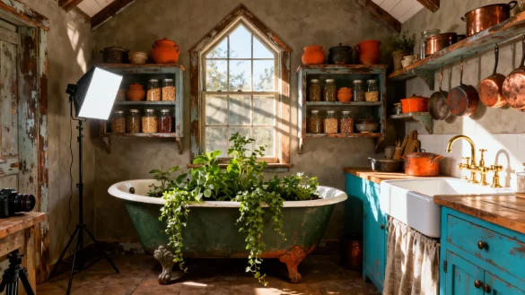 bañosrústicos22 Baño rústico con bañera vintage y estanterías con botes, plantas y muebles de colores