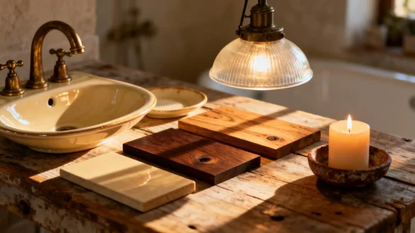 bañosrústicos23 Detalles de baño rústico con lavabo sobre madera, grifería dorada y luz cálida de lámpara
