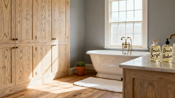 bañosrústicos3 Baño rústico luminoso con bañera exenta blanca, armarios de madera y suelo de madera natural