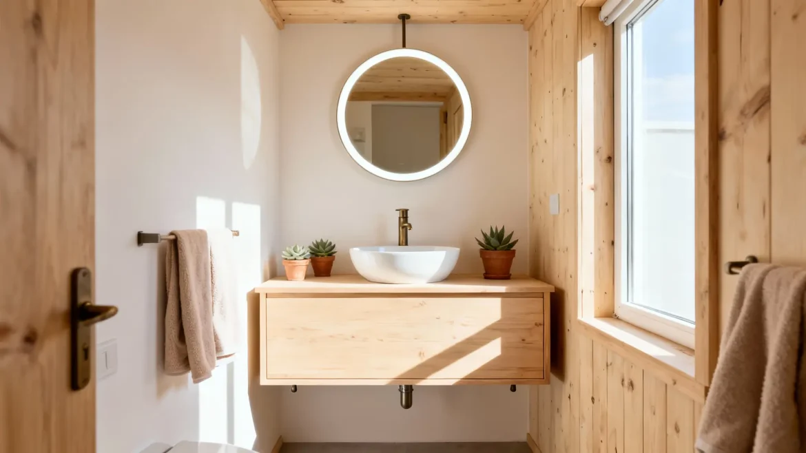 Baño rústico pequeño con mueble suspendido de madera clara, lavabo sobre encimera y espejo redondo