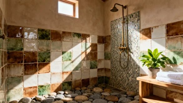 bañosrústicos5 Baño rústico pequeño con ducha de obra, azulejos artesanales y suelo de piedra natural