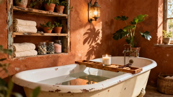bañosrústicos6 Baño rústico pequeño con bañera vintage, pared en tono terracota y estanterías con textiles