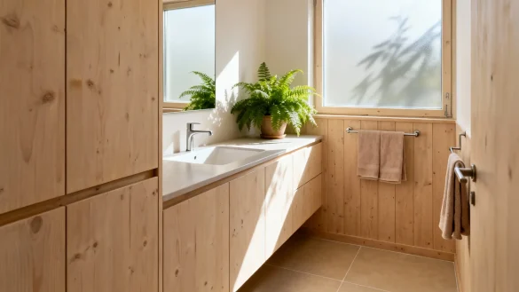 bañosrústicos7 Baño rústico pequeño luminoso con muebles de madera, bañera encastrada y ventana grande