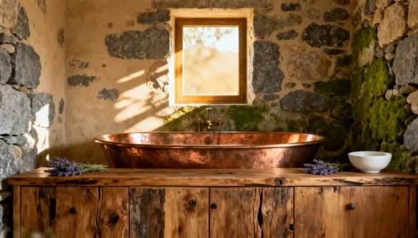 bañosrústicos8 Baño rústico con paredes de piedra y bañera de cobre sobre mueble de madera antigua