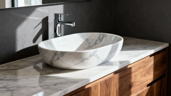bañosrústicos9 Lavabo de mármol sobre encimera de piedra en baño rústico moderno con mueble de madera