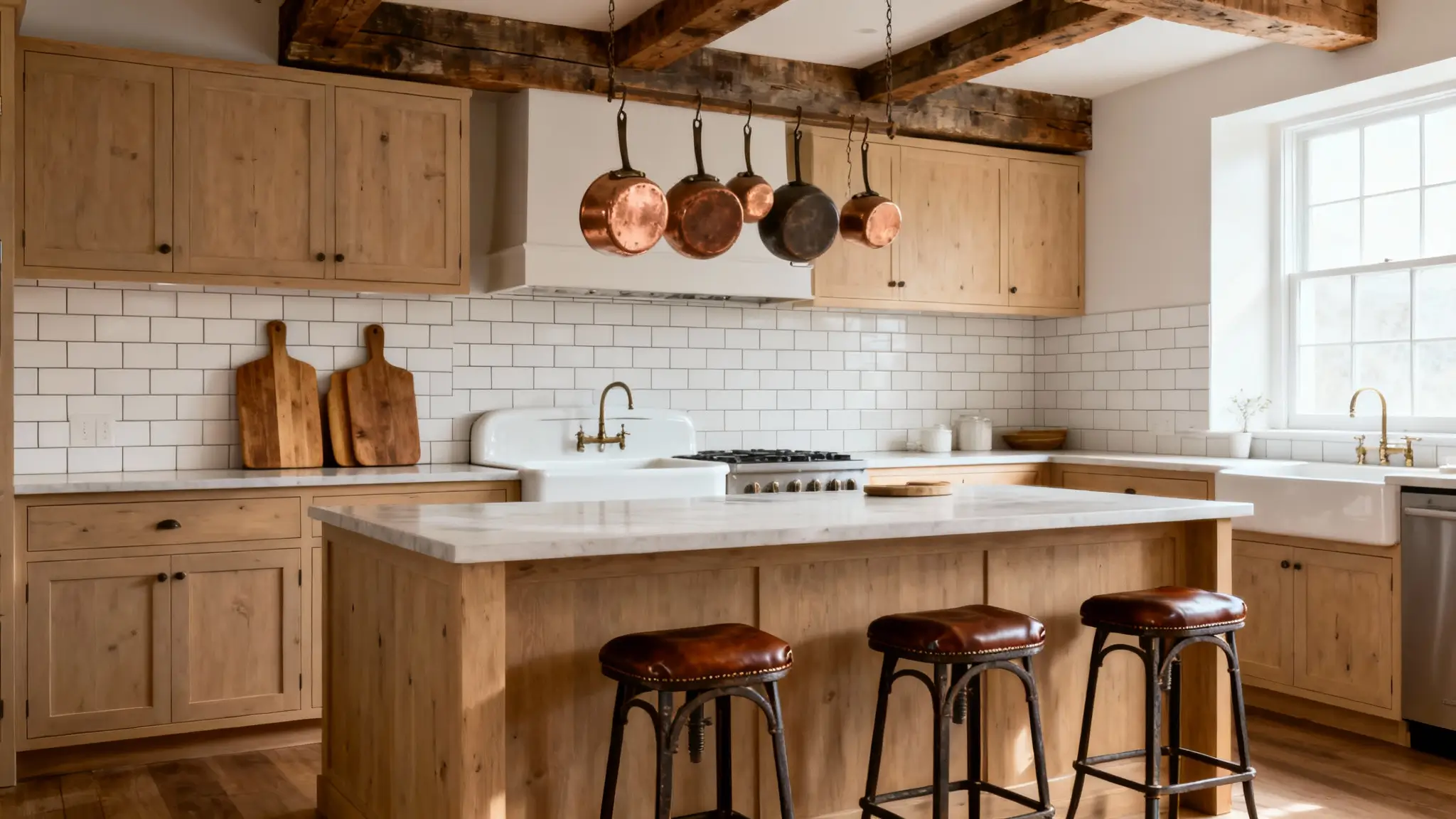 cocina rústica moderna con madera natural, encimera clara y detalles en negro