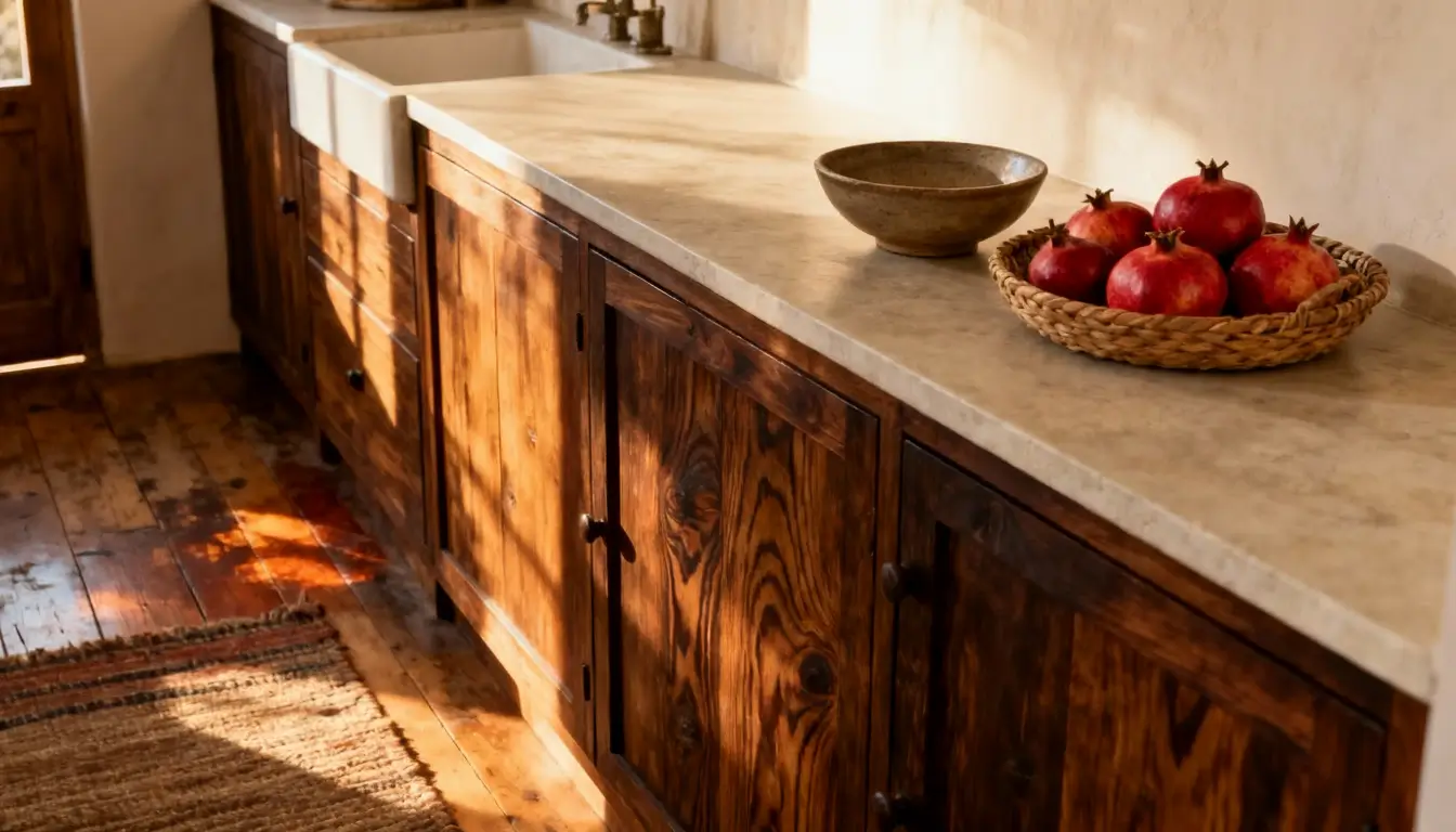cocina rústica con madera y detalles negros, lámparas industriales y toque moderno