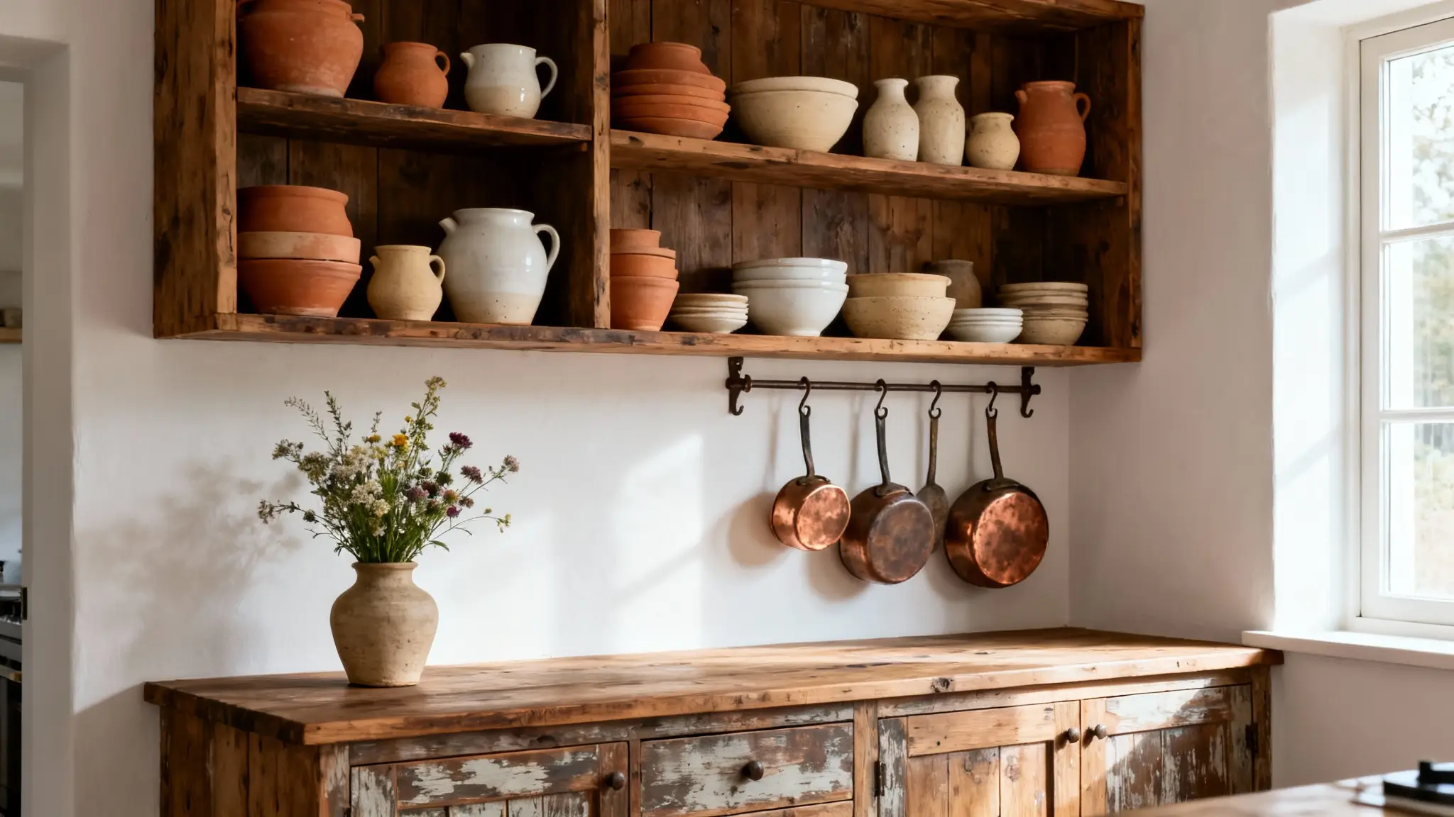 cocina rústica con madera natural, cerámica artesanal y ambiente cálido