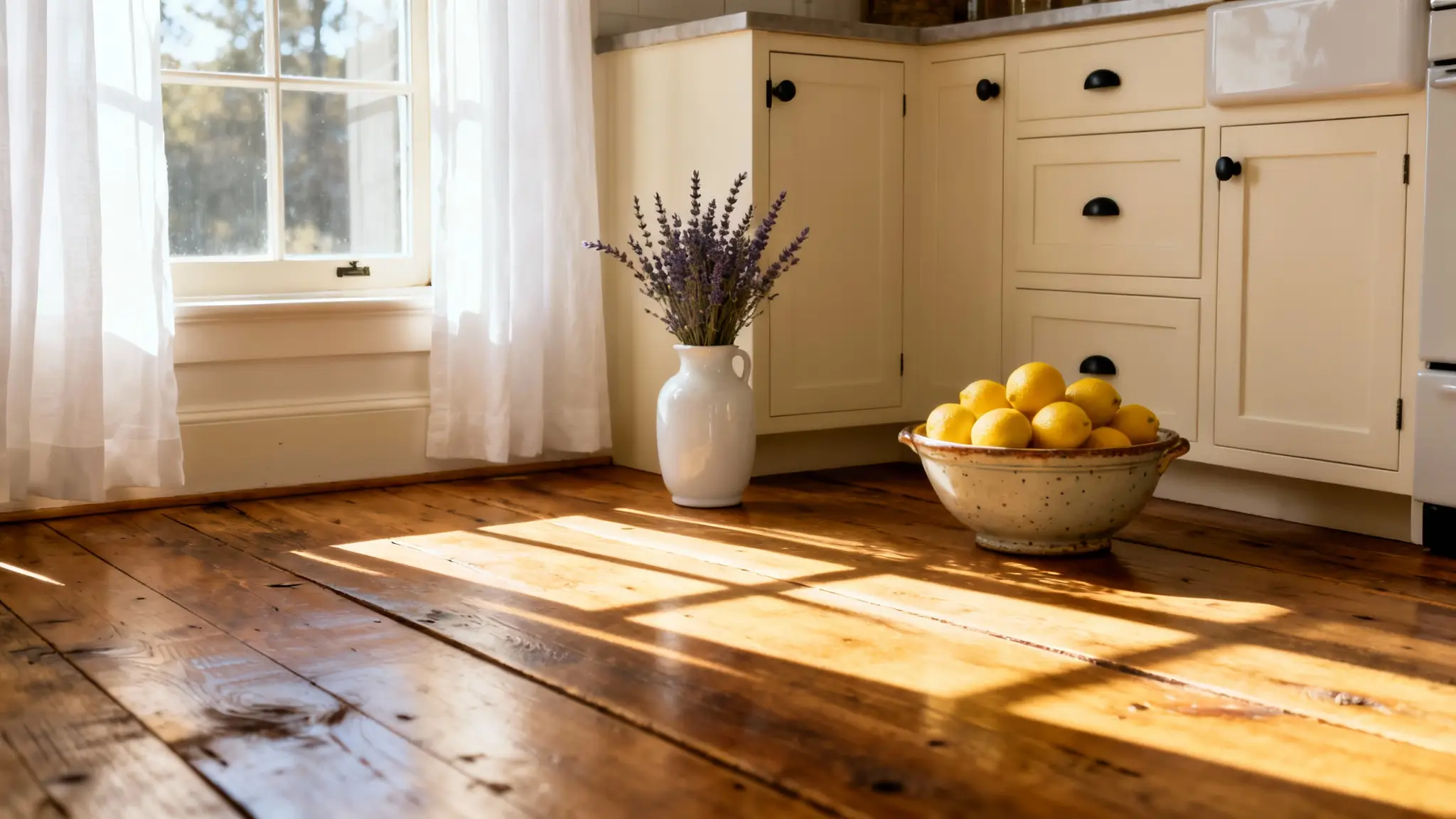 cocina rústica blanca con madera, luz natural y estilo acogedor sin recargar