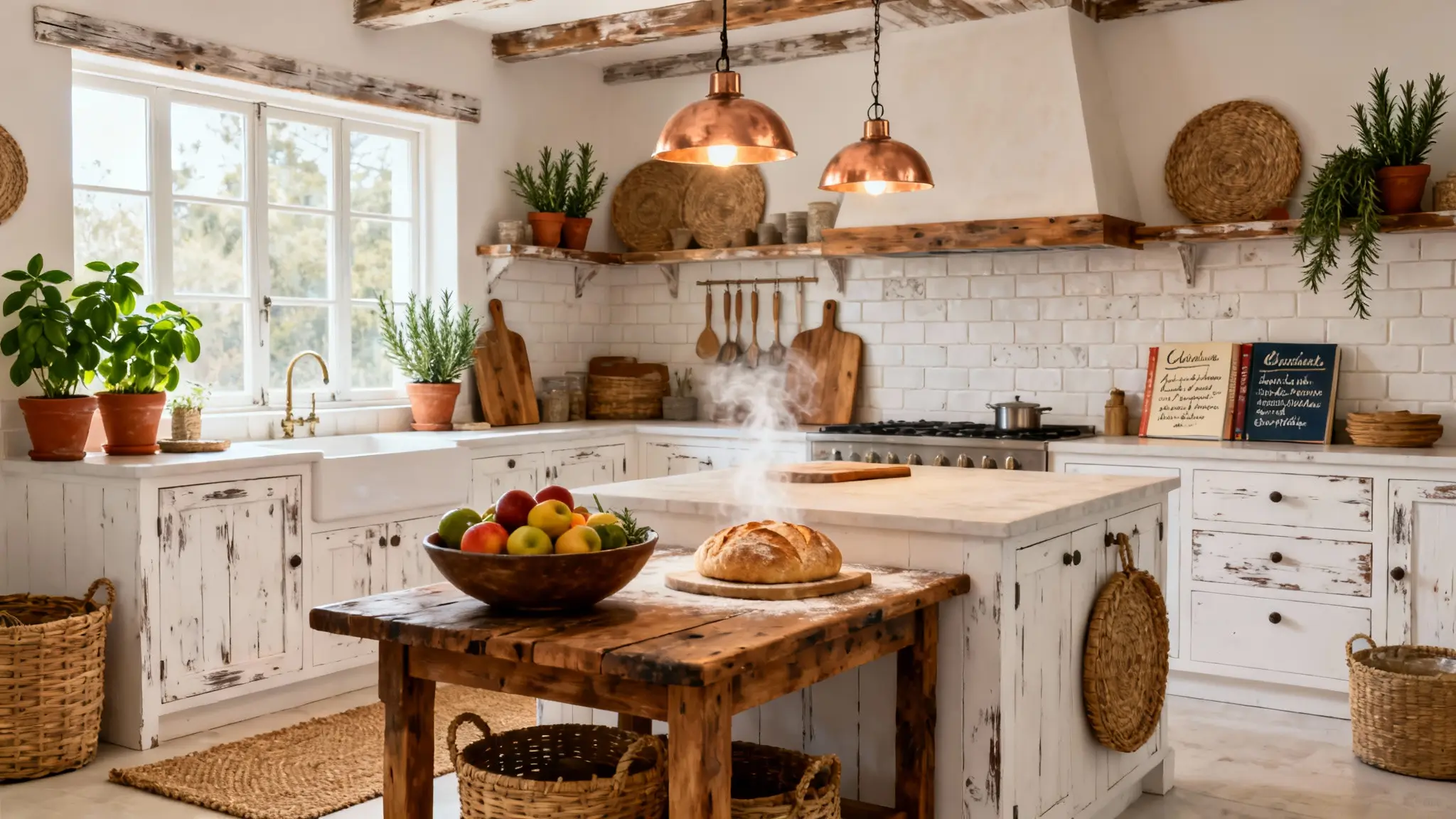 cocina rústica blanca con azulejos tipo metro, encimera clara y acabado limpio