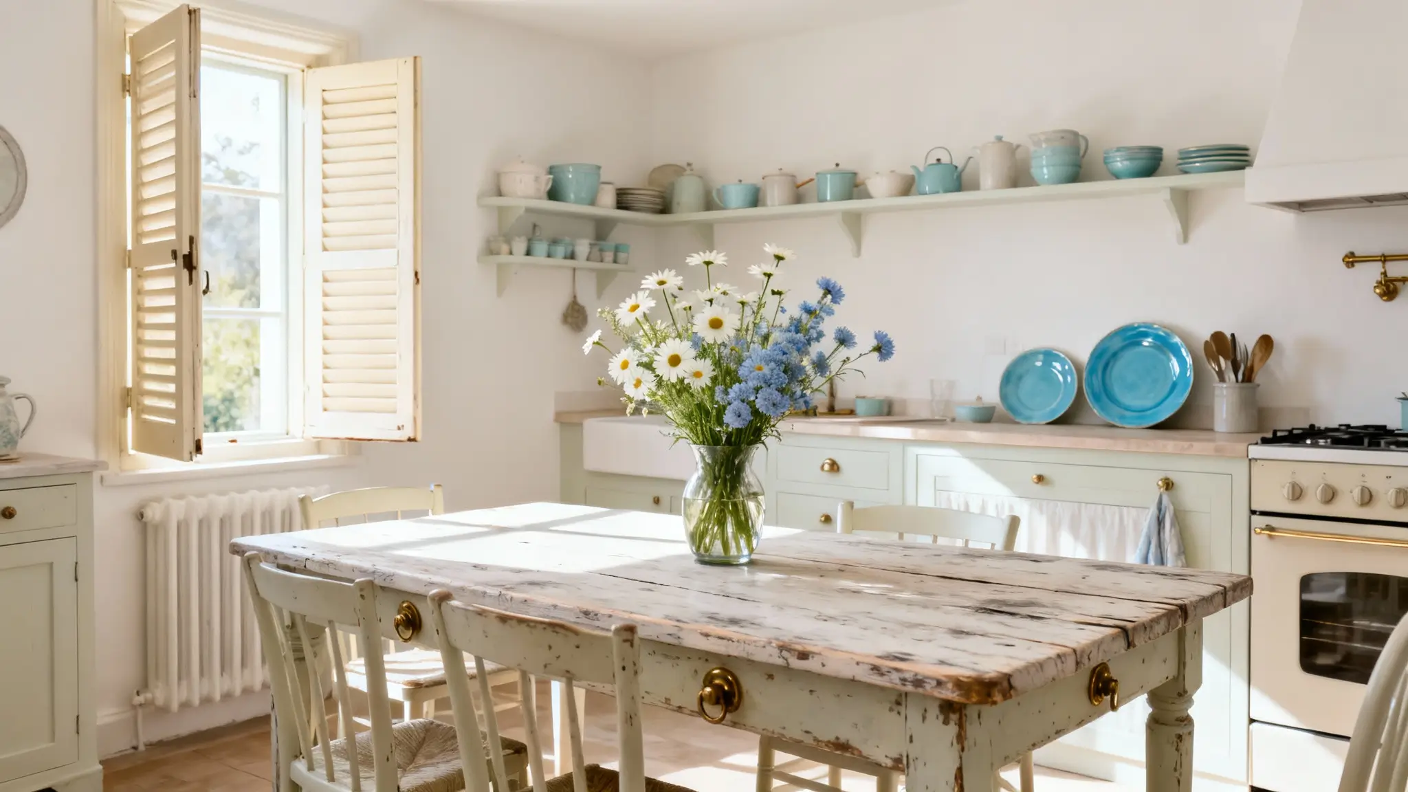 cocina rústica blanca con madera envejecida, ambiente cálido y decoración sencilla
