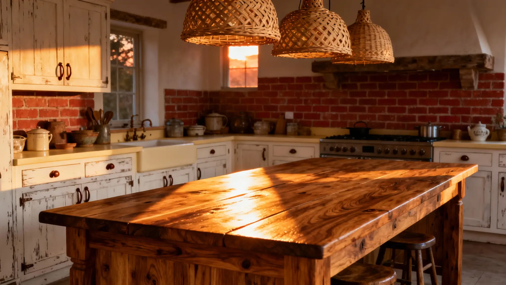 cocina rústica con isla, lámparas colgantes y materiales naturales cálidos