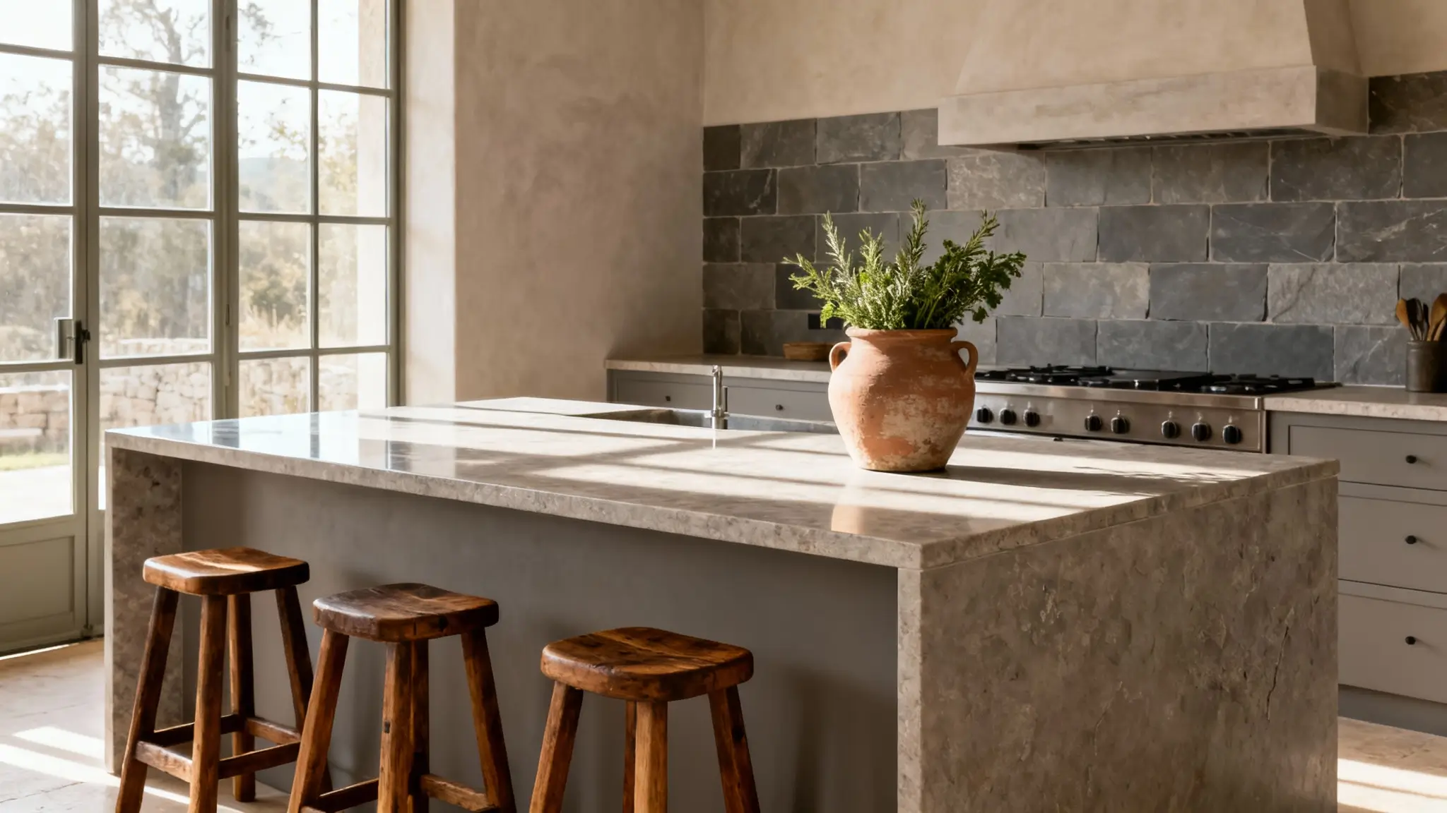 cocina rústica con isla y encimera de piedra, estilo elegante y robusto