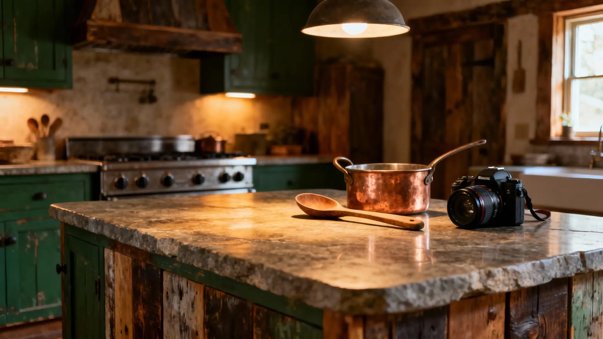cocina rústica con isla pequeña, madera clara y distribución práctica