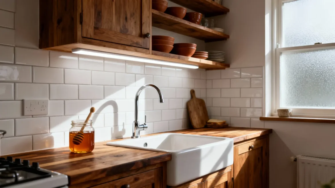 cocinas rústicas pequeñas que combinan blanco con madera en los muebles