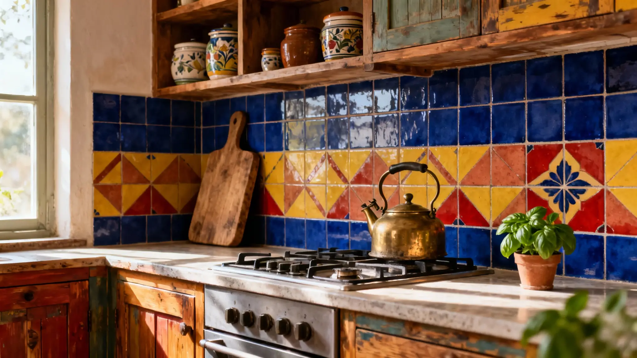 cocina rústica pequeña con azulejos hidráulicos coloridos