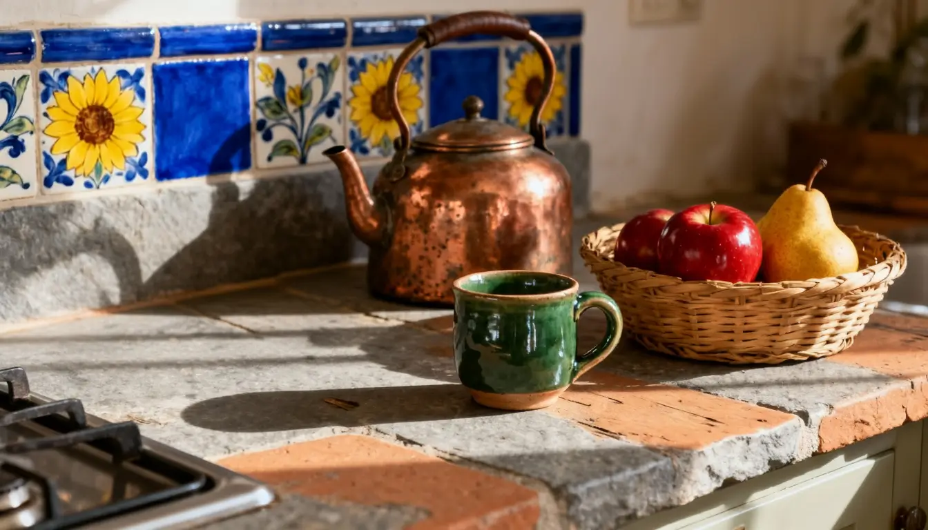 cocina rústica con piedra vista, vigas de madera y estilo tradicional auténtico