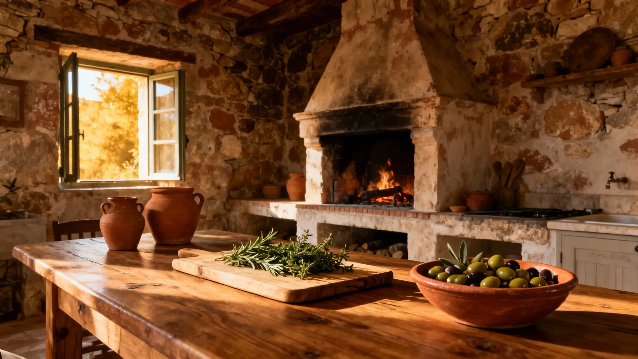 cocina rústica con piedra y encimera clara, ambiente elegante y materiales nobles