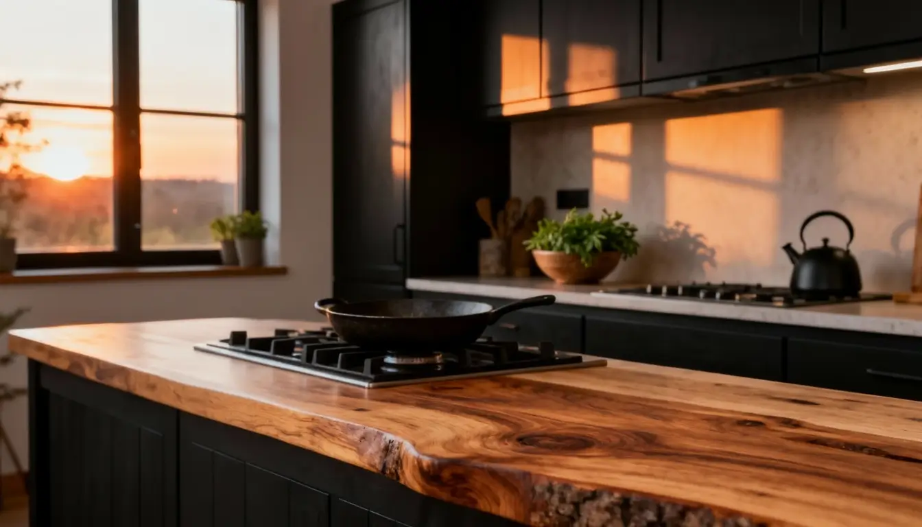 cocina rústica moderna que combina el negro con madera