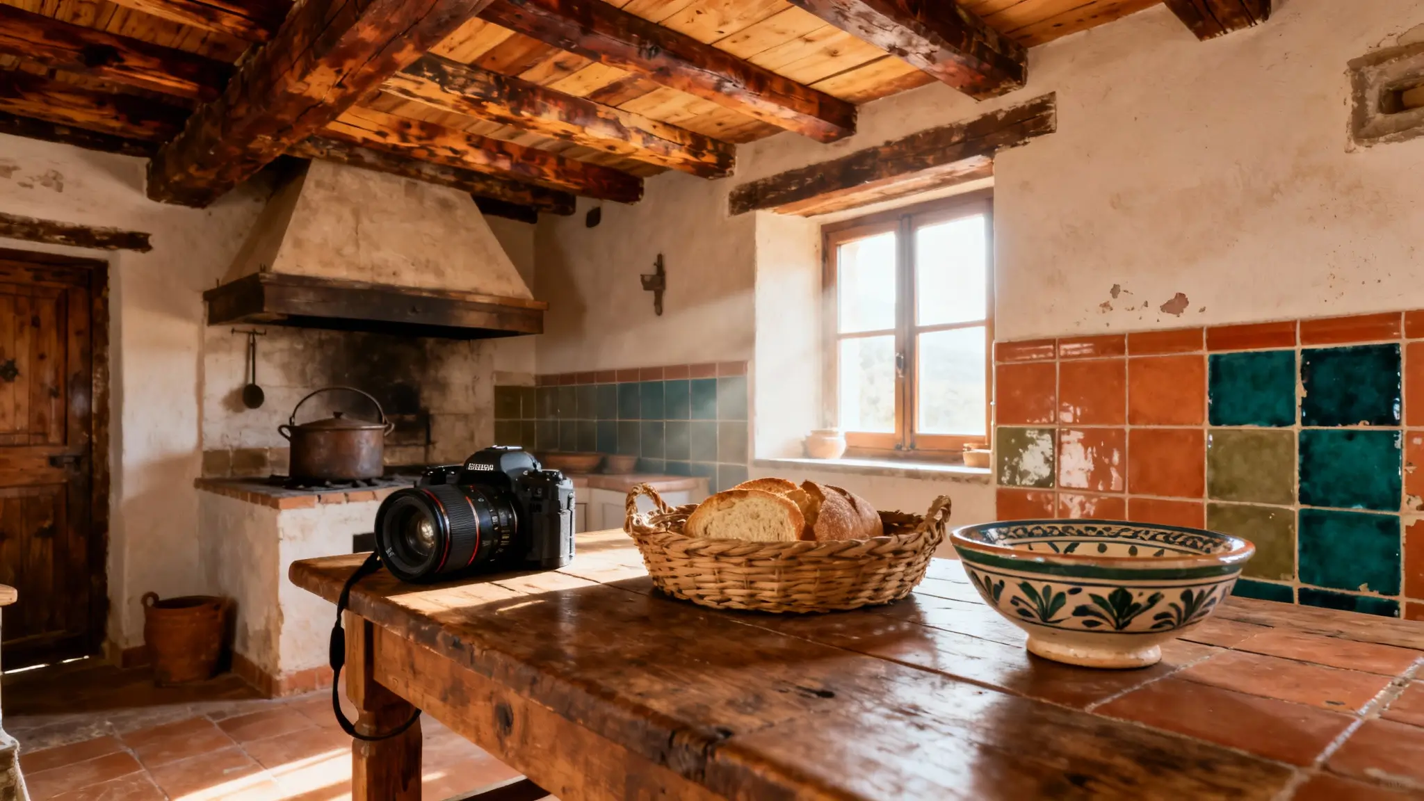 cocina rústica de pueblo con campana tradicional, azulejo artesanal y madera envejecida