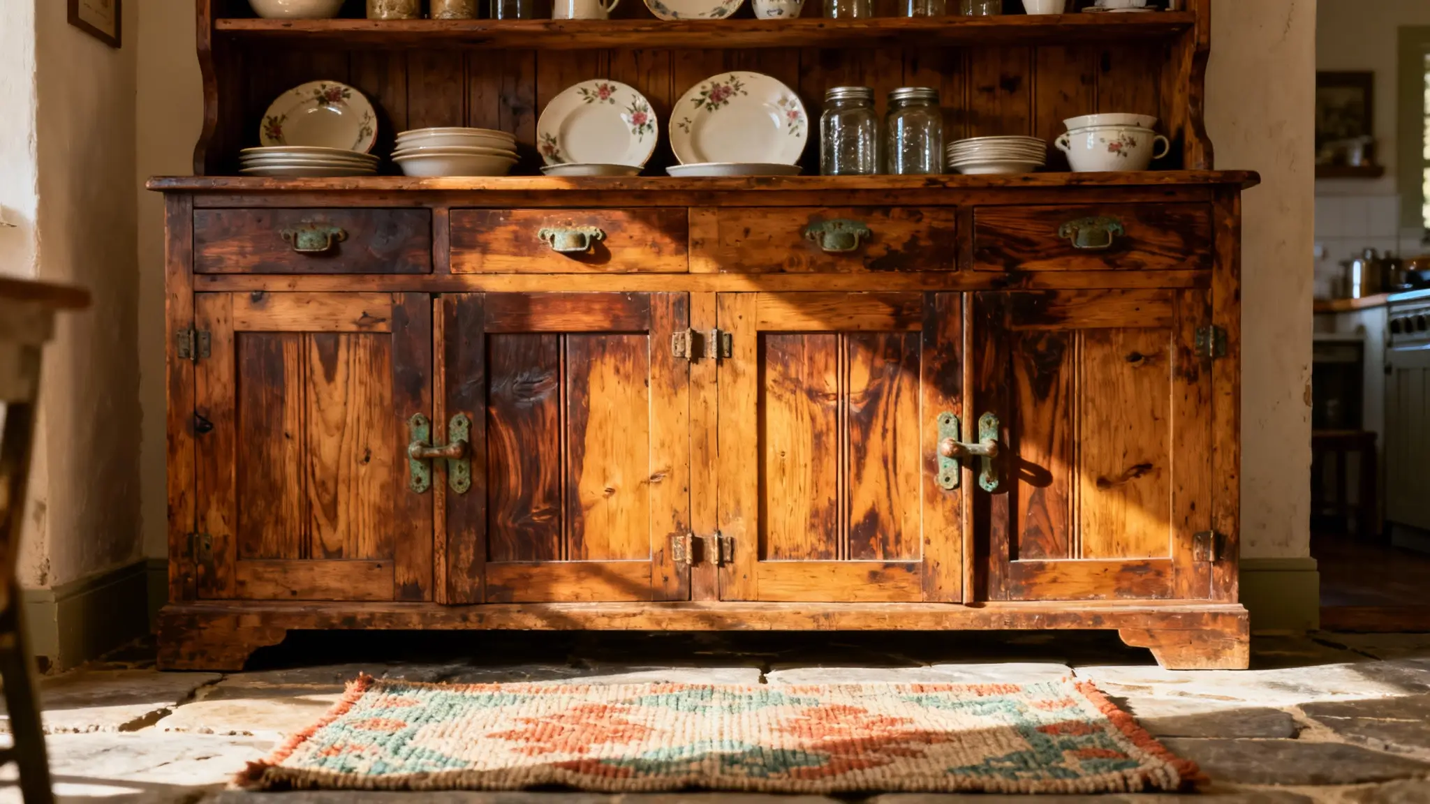 cocina rústica de pueblo con alacena clásica, cerámica tradicional y textiles naturales