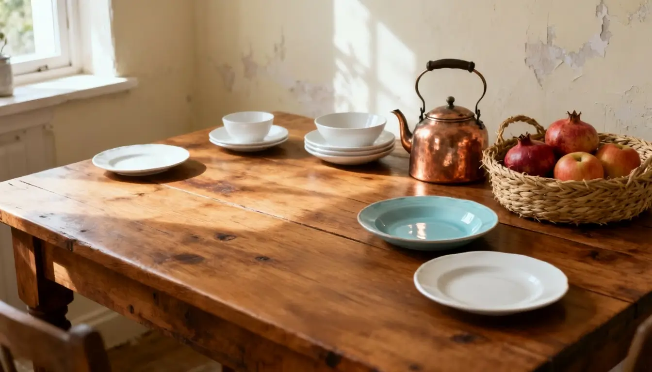 cocina rústica de pueblo con muebles de madera maciza, tonos cálidos y sensación acogedora