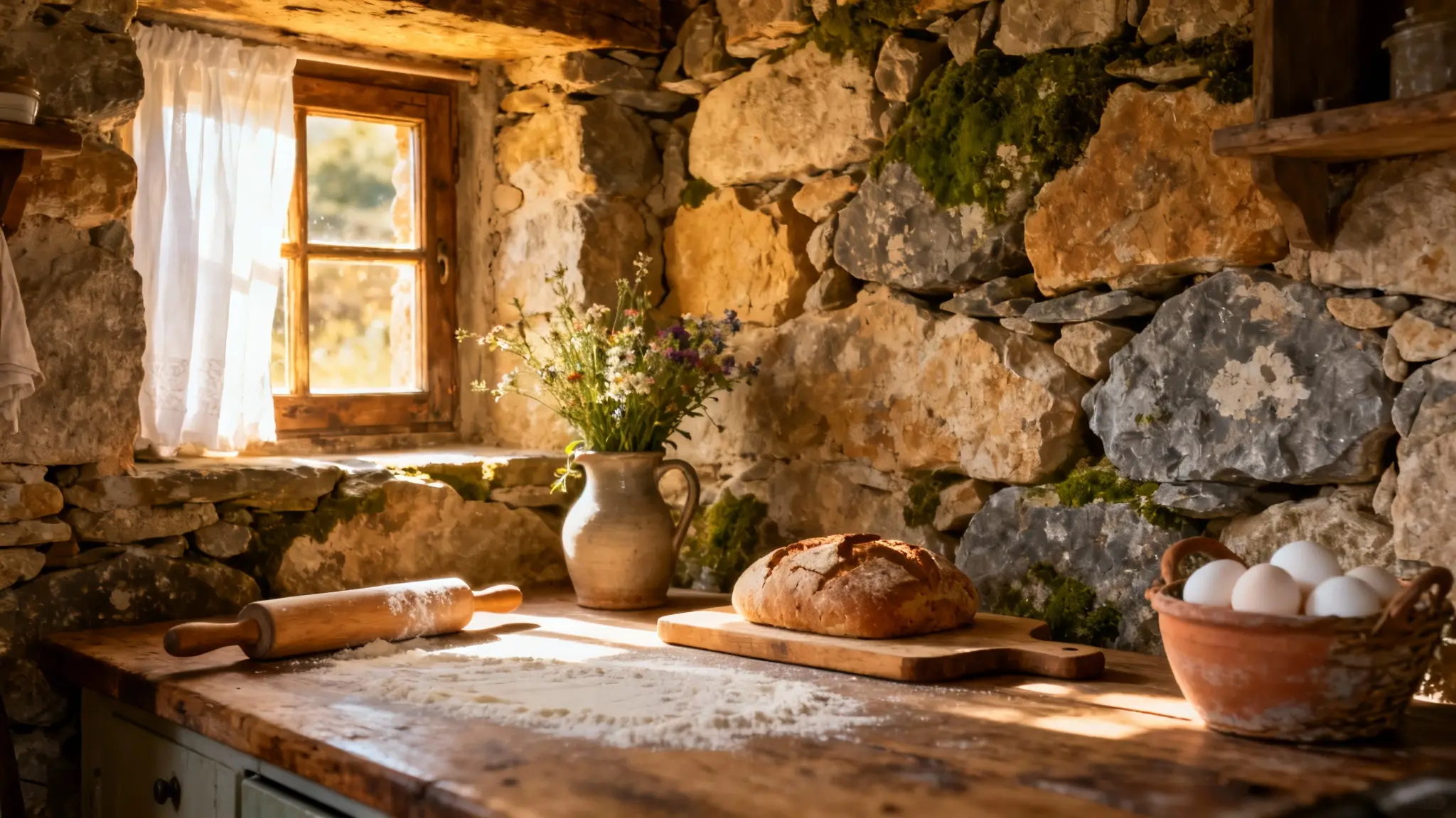 cocina rústica de pueblo con vigas, azulejo rústico y zona de trabajo funcional