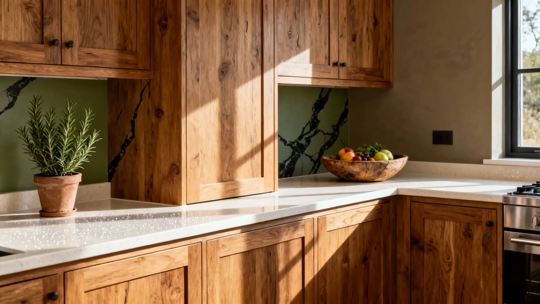 cocina rústica con madera clara, estanterías abiertas y acabados naturales