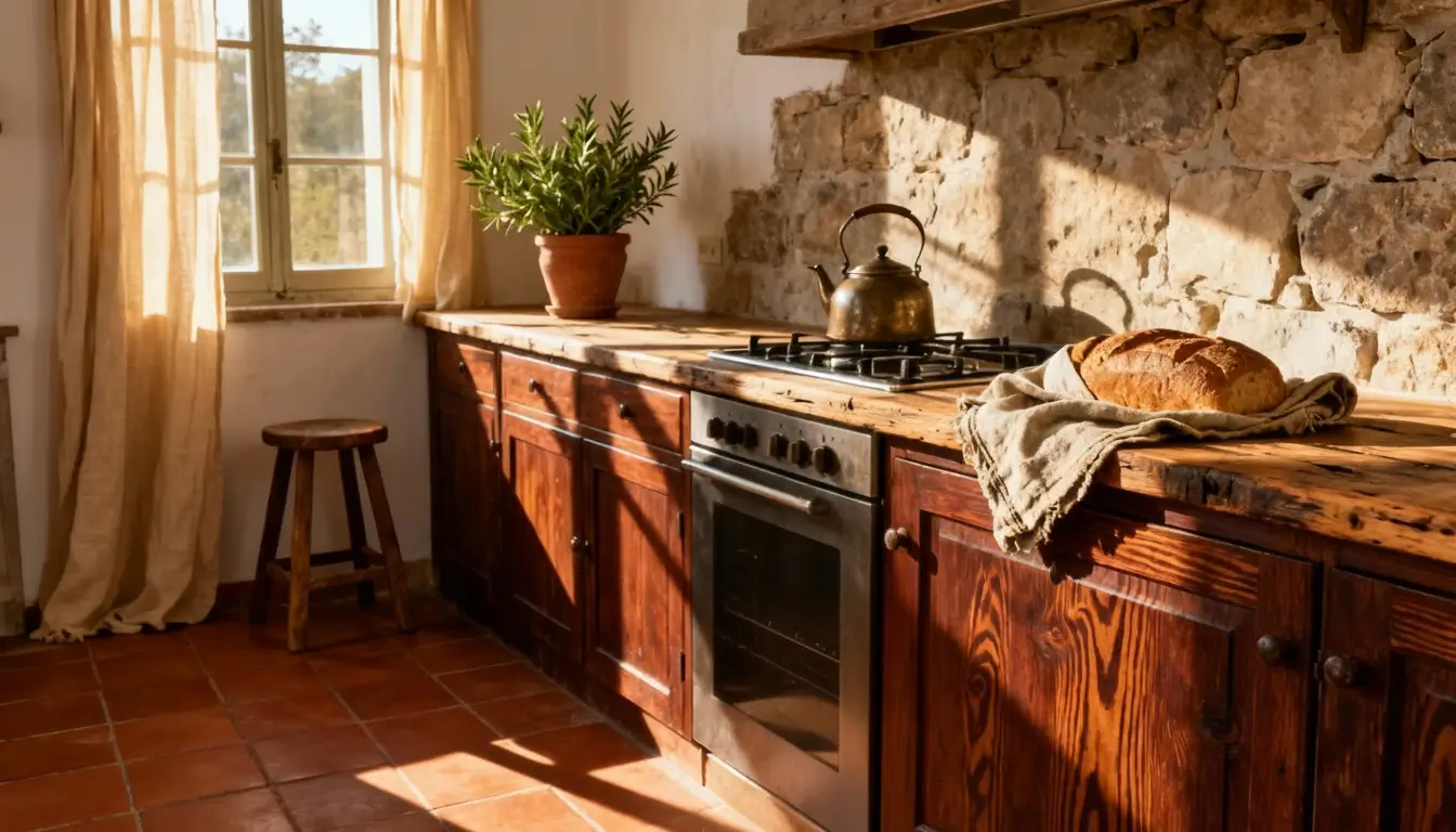 cocina rústica con madera y encimera clara, estilo natural y orden visual