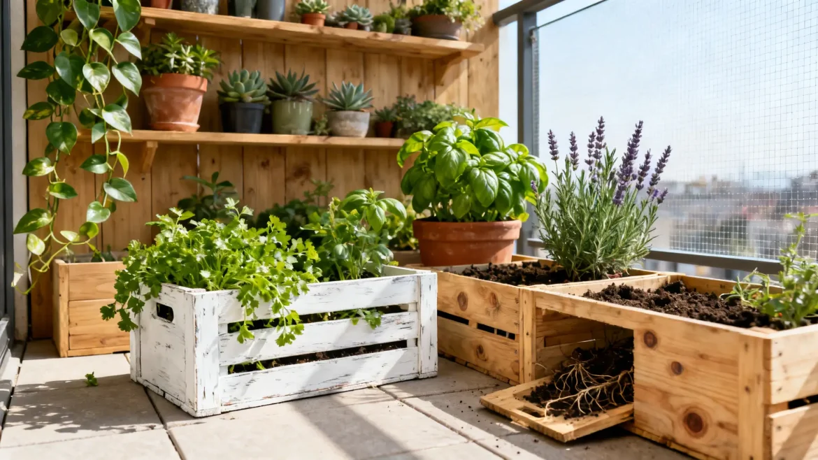 Jardineras y estanterías para plantas con cajas de fruta recicladas