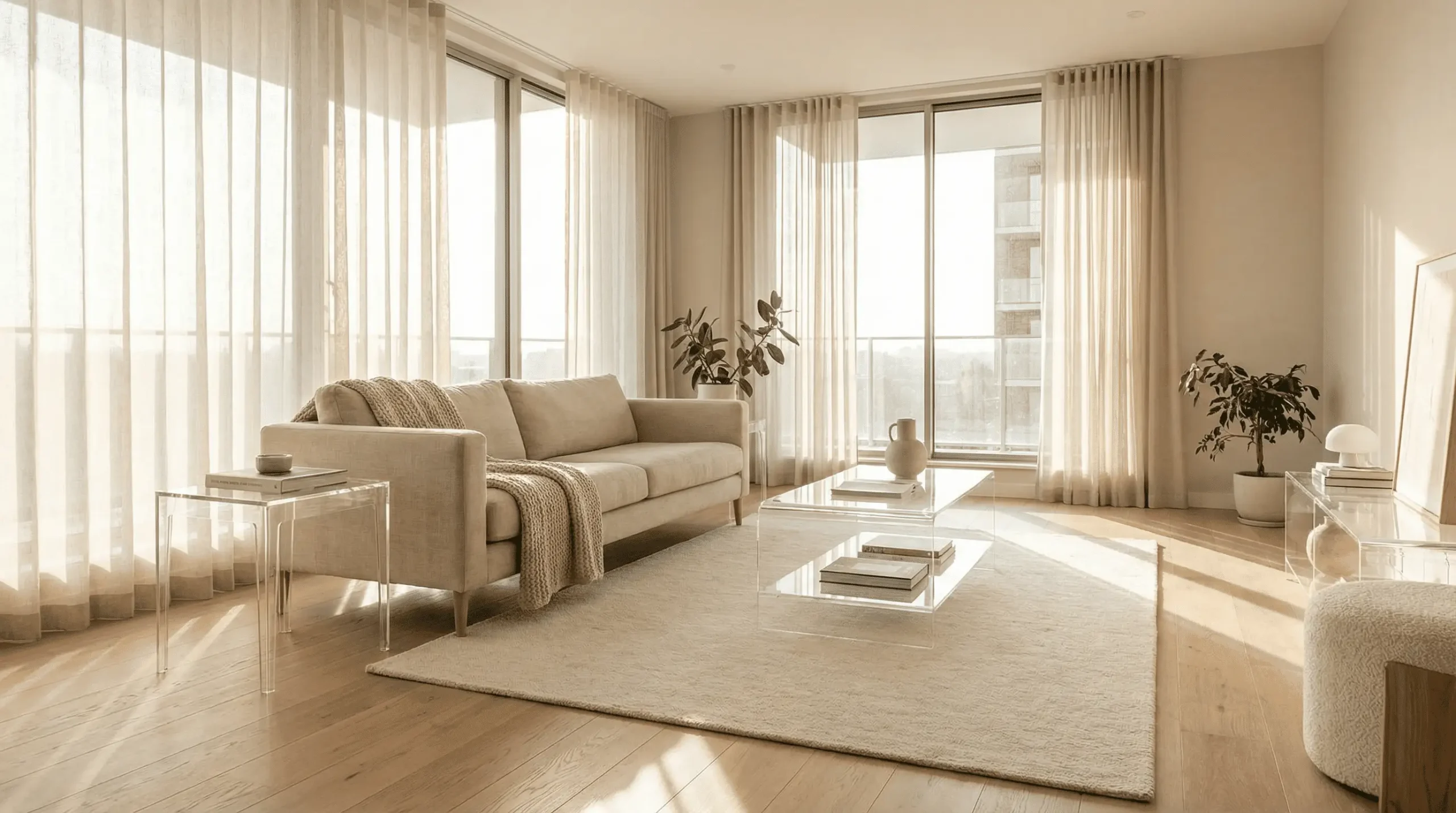 Salón moderno con muebles de metacrilato transparente que crean sensación de amplitud
