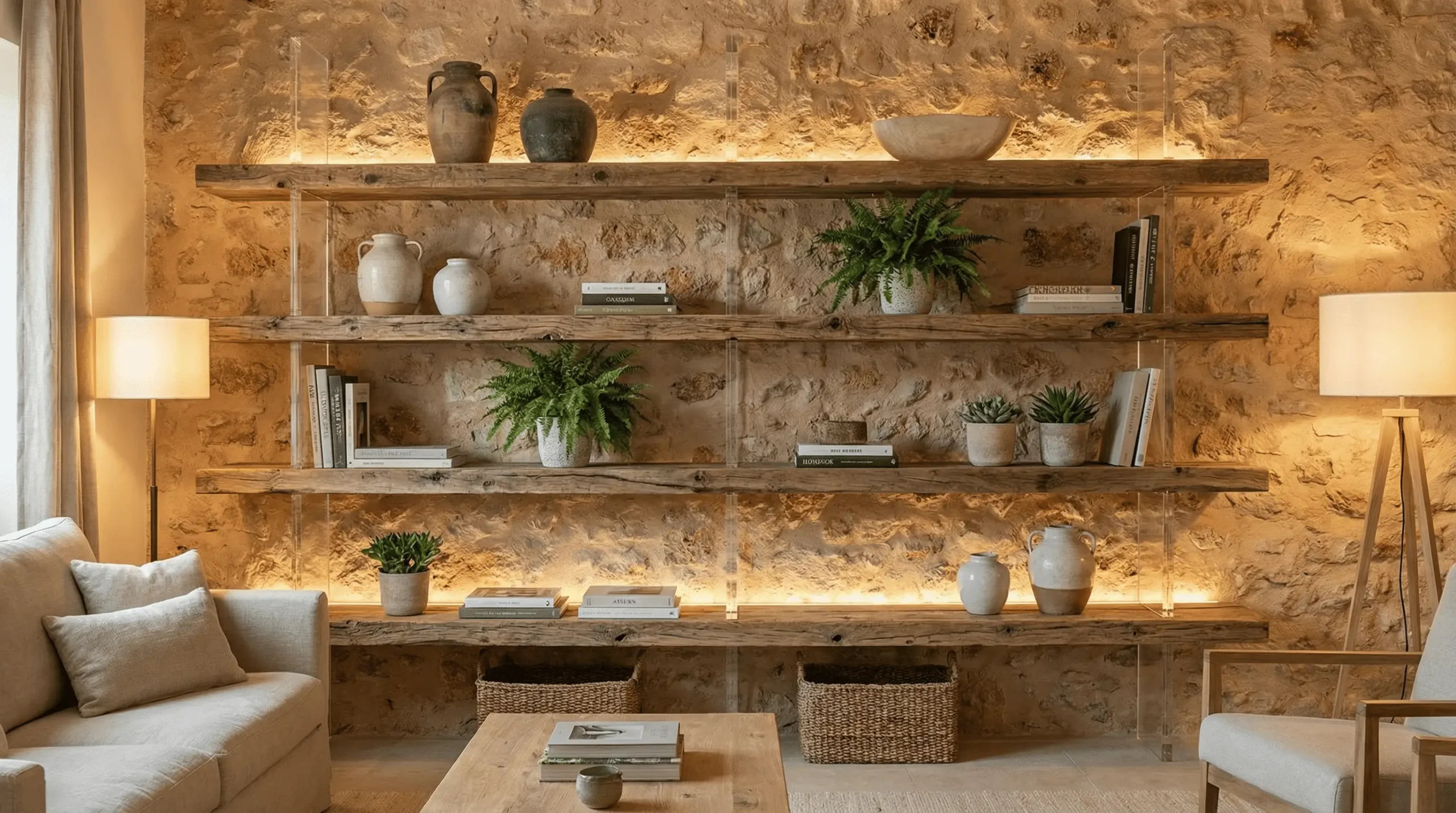 Estanterías de madera rústica sostenidas por soportes de metacrilato transparente contra pared de piedra
